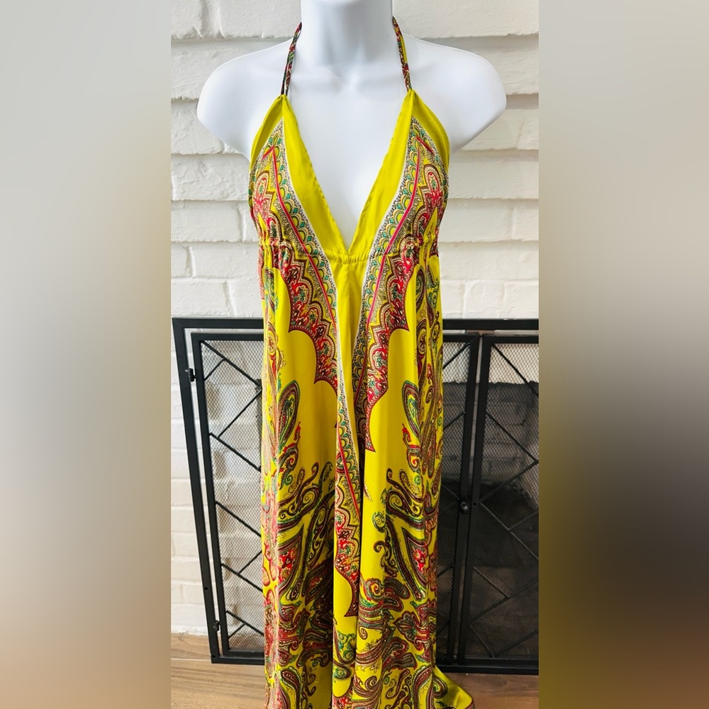 Classique Chartreuse Paisley Silk Halter Maxi Dress Medium